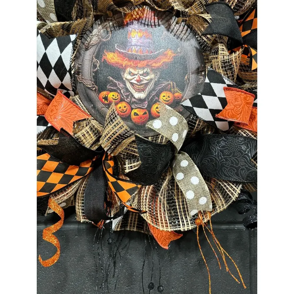 Halloween Wreath For Front Door Scary Clown Orange and Black Handmade 28 in